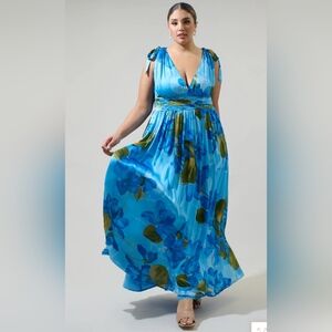 Sugarlips NWT 3X Vibrant Blue and Green Floral Pleated Maxi Dress